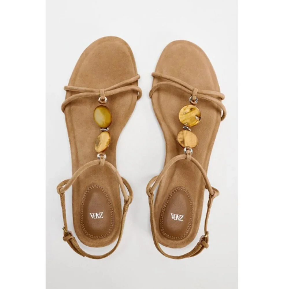 Zara Leather Sandals Embellished Front Beads Round toe Ankle buckle strap Sz 10 - Picture 1 of 12